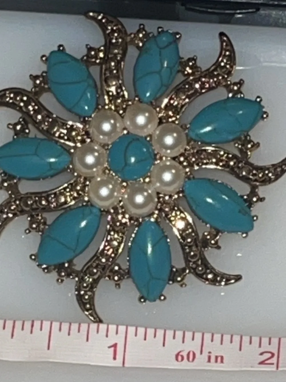 Vintage MONET Turquoise & Faux Pearl Statement Brooch Pin 2”